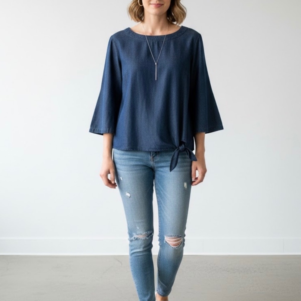Jones New York Indigo Tie Front Blouse L